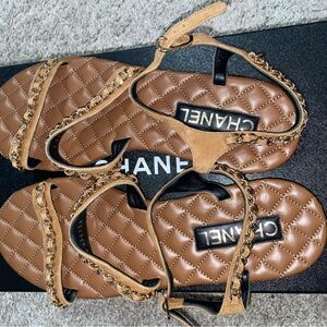 Suede Calfskin Chain Sandals 41 Brown